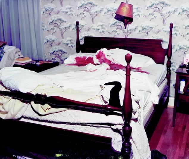 Bedroom of Elizabeth and Gordon Wolcott. The mother woke up from the gunfire that killed her husband and daughter, but her son came to the door before she could escape and shot her three times.