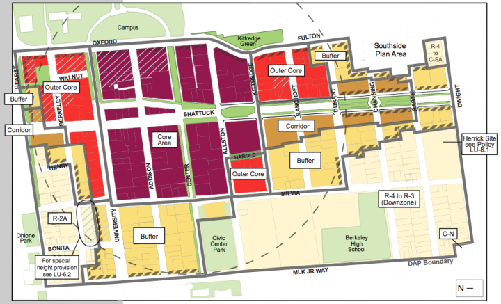 Under the city's Downtown Area Plan, three 180-foot-tall buildings are allowed, as well as two 120-foot-tall buildings, in the core and outer core areas. The University of California is allowed to build two additional 120-foot-tall buildings of its own. Image: City of Berkeley